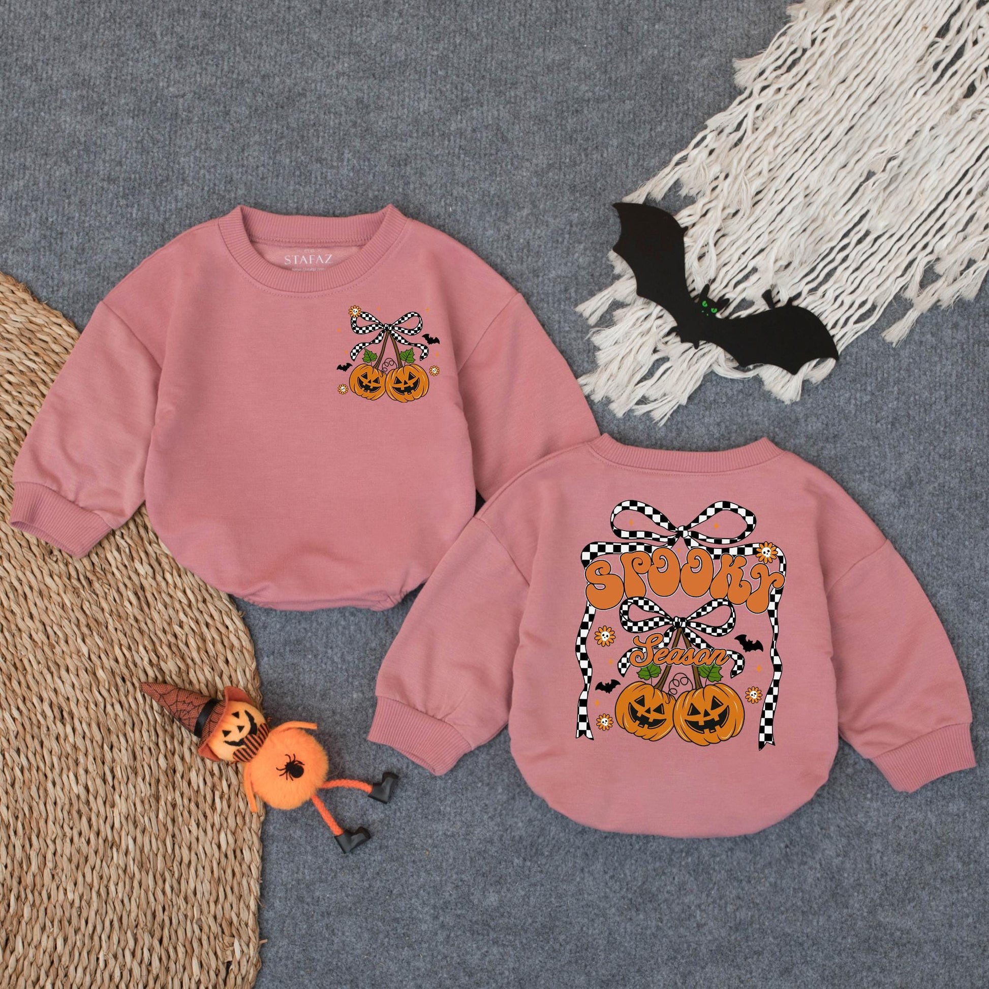 Spooky Season Pumpkin Romper, Cute Halloween Sweatshirt Outfit for Baby Girl or Boy, Checkered Bows Stars, Fall Toddler Clothes 138 chars