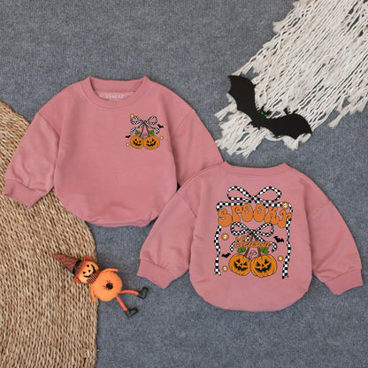 Spooky Season Pumpkin Romper, Cute Halloween Sweatshirt Outfit for Baby Girl or Boy, Checkered Bows Stars, Fall Toddler Clothes 138 chars