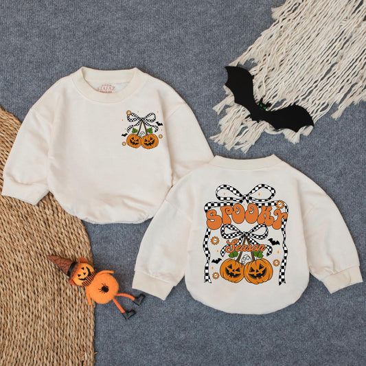 Spooky Season Pumpkin Romper, Cute Halloween Sweatshirt Outfit for Baby Girl or Boy, Checkered Bows Stars, Fall Toddler Clothes 138 chars
