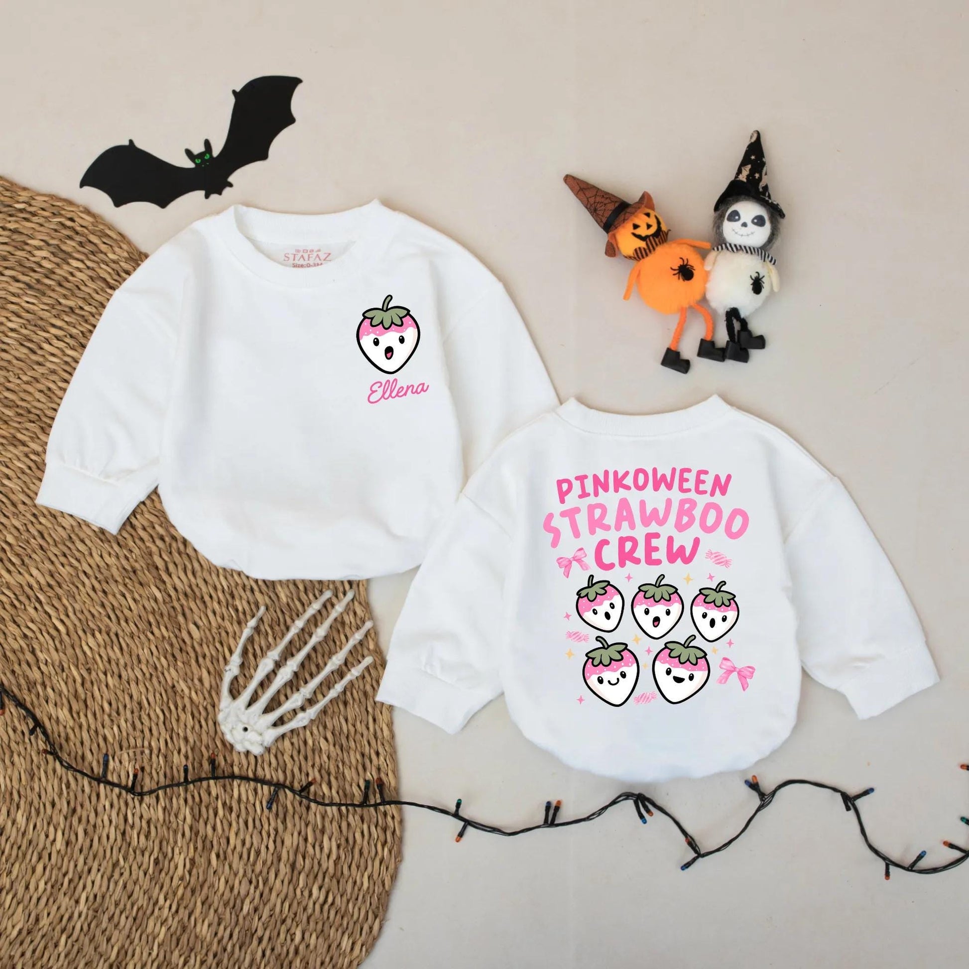 Strawberry Boo Crew Baby Romper Personalized Pinkoween Outfit Custom Name Halloween Baby Bodysuit