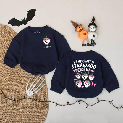 Strawberry Boo Crew Baby Romper Personalized Pinkoween Outfit Custom Name Halloween Baby Bodysuit