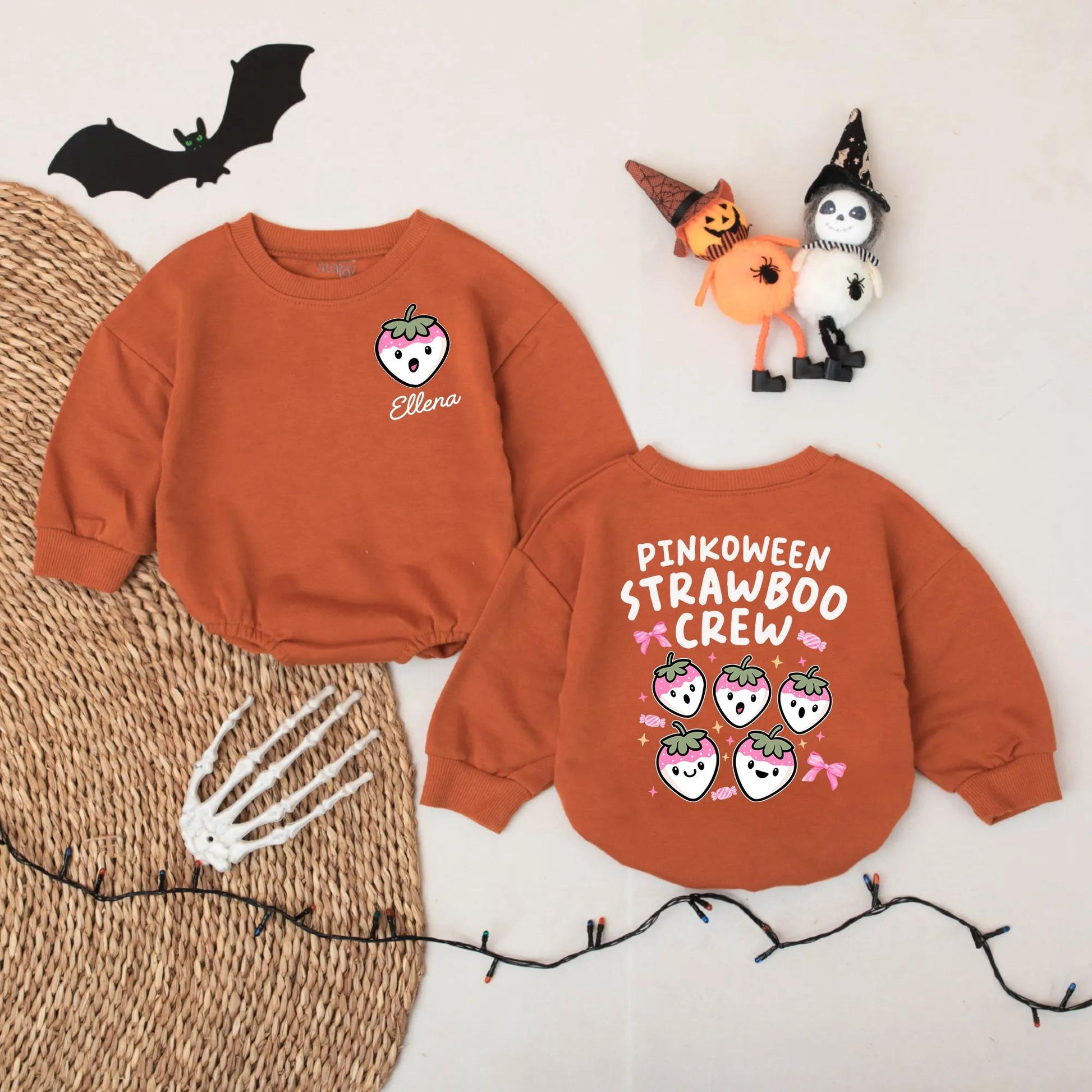 Strawberry Boo Crew Baby Romper Personalized Pinkoween Outfit Custom Name Halloween Baby Bodysuit