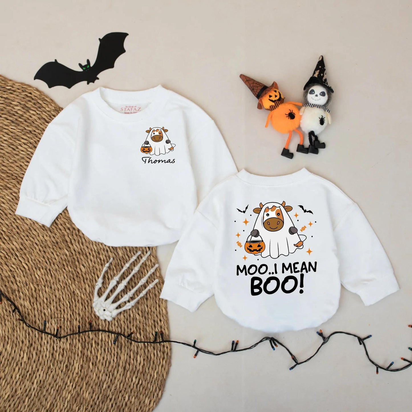 Personalized Moo I Mean Boo Halloween Baby Romper, Funny Cow Ghost Design Custom Name Infant Bodysuit, Cute Spooky Fall Outfit
