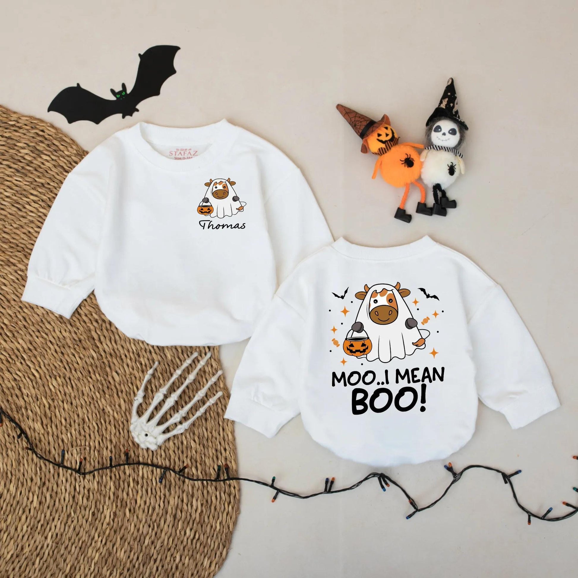 Personalized Moo I Mean Boo Halloween Baby Romper, Funny Cow Ghost Design Custom Name Infant Bodysuit, Cute Spooky Fall Outfit