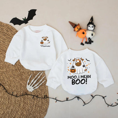 Personalized Moo I Mean Boo Halloween Baby Romper, Funny Cow Ghost Design Custom Name Infant Bodysuit, Cute Spooky Fall Outfit