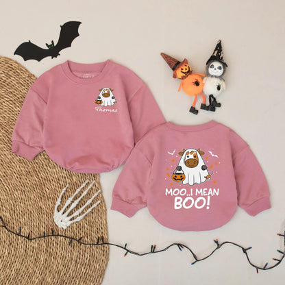 Personalized Moo I Mean Boo Halloween Baby Romper, Funny Cow Ghost Design Custom Name Infant Bodysuit, Cute Spooky Fall Outfit