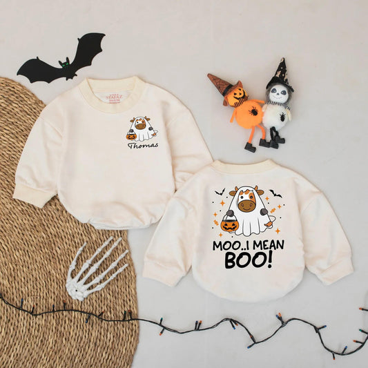 Personalized Moo I Mean Boo Halloween Baby Romper, Funny Cow Ghost Design Custom Name Infant Bodysuit, Cute Spooky Fall Outfit