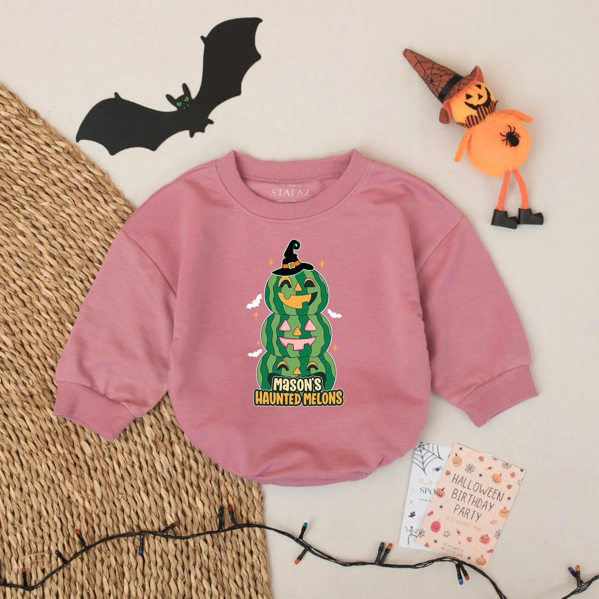 Mason's Haunted Melons Baby Romper - Personalized Halloween Watermelon Pumpkin Outfit, Custom Name Bodysuit - Funny Spooky Season Baby Shower Gift