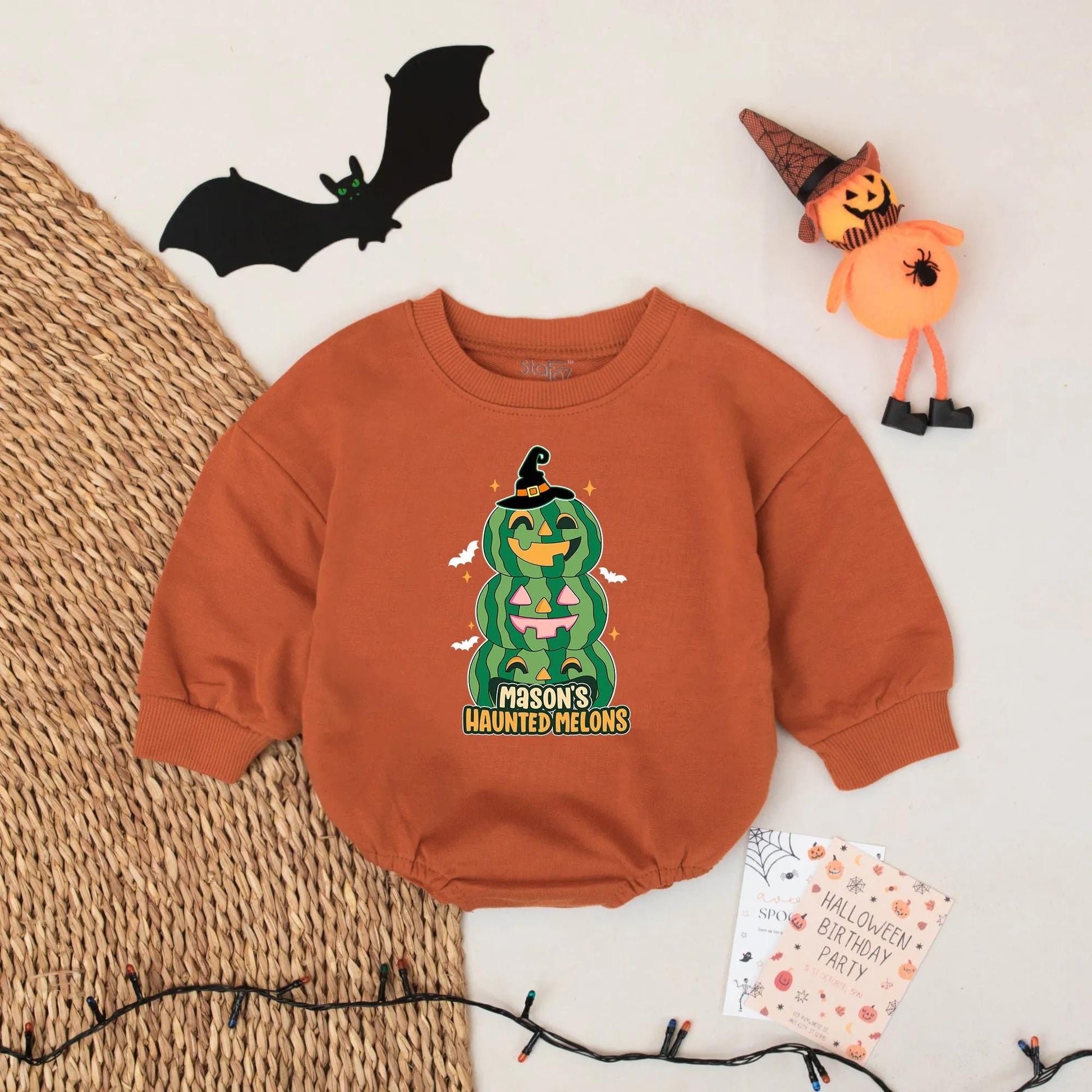 Mason's Haunted Melons Baby Romper - Personalized Halloween Watermelon Pumpkin Outfit, Custom Name Bodysuit - Funny Spooky Season Baby Shower Gift