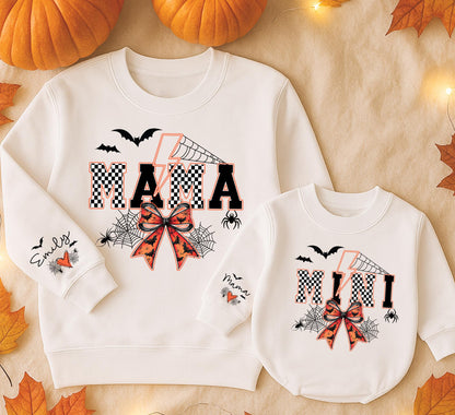 Mama and Mini Halloween Sweatshirt Set - Spooky Spiderweb Lightning Bolt Matching Outfits for Mommy and Me Party - Festive Fall Outfit 138