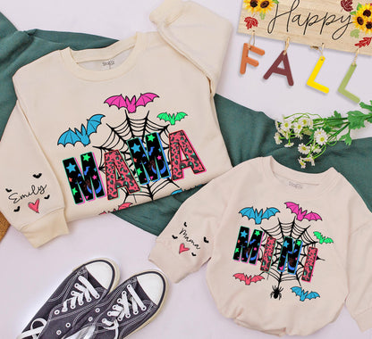 Mama and Mini Halloween Matching Sweatshirts Custom Sleeve Text Colorful Blue Pink Green Bats Black Spiderweb Fun Festive Family Gift