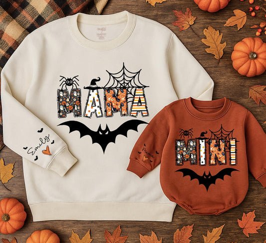 Mama & Mini Halloween Sweatshirts Spooky Spider Bat Witch Hat Orange Black Pattern Matching Family Outfits Gift