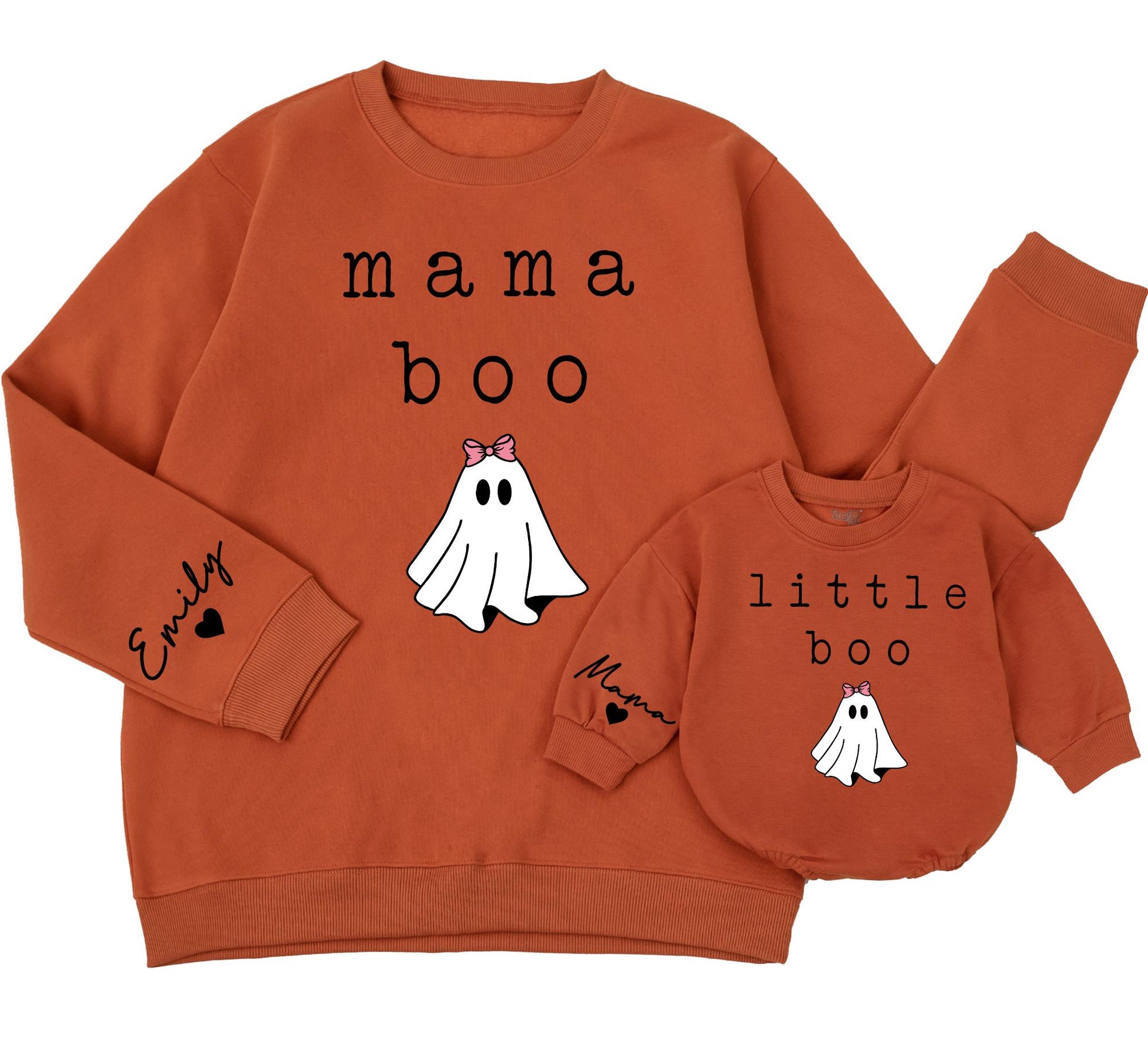 Mama Boo & Mini Boo Halloween Sweatshirts Matching Set, Cute Ghost Family Outfits, Personalized Name Sleeve, Retro Holiday Gift, Mommy and Me, Fall Comfort (138)
