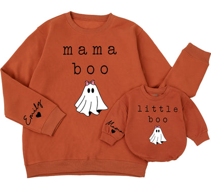 Mama Boo & Mini Boo Halloween Sweatshirts Matching Set, Cute Ghost Family Outfits, Personalized Name Sleeve, Retro Holiday Gift, Mommy and Me, Fall Comfort (138)