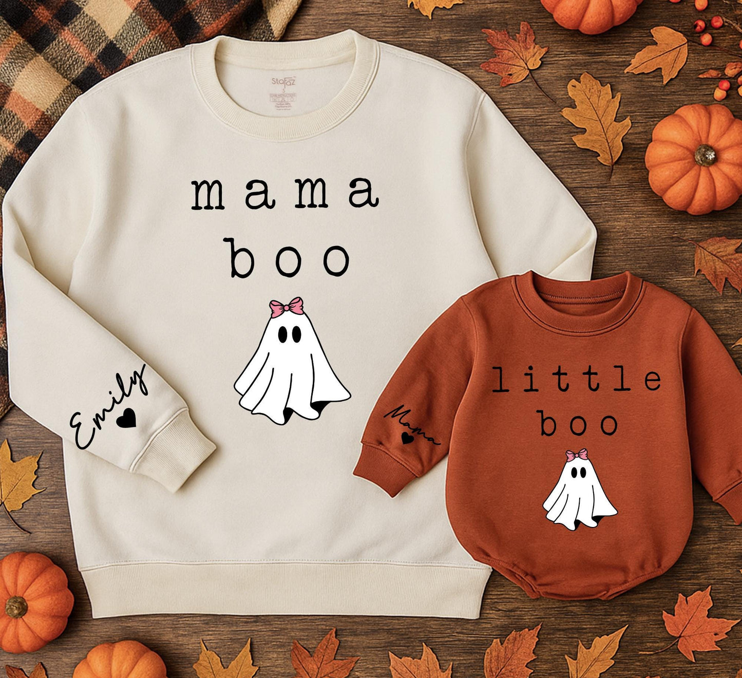 Mama Boo & Mini Boo Halloween Sweatshirts Matching Set, Cute Ghost Family Outfits, Personalized Name Sleeve, Retro Holiday Gift, Mommy and Me, Fall Comfort (138)