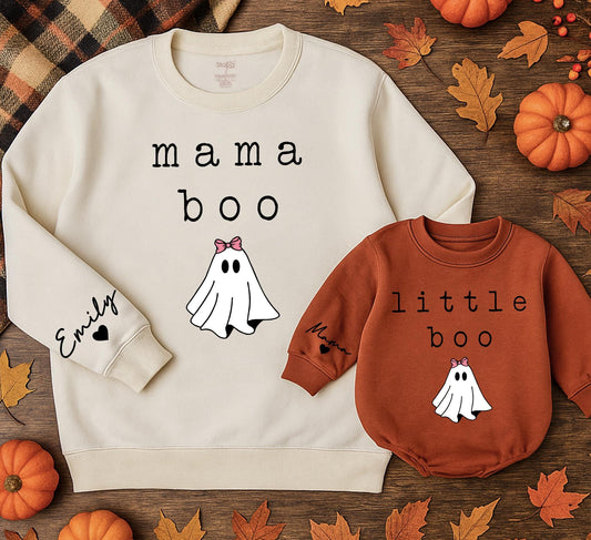 Mama Boo & Mini Boo Halloween Sweatshirts Matching Set, Cute Ghost Family Outfits, Personalized Name Sleeve, Retro Holiday Gift, Mommy and Me, Fall Comfort (138)