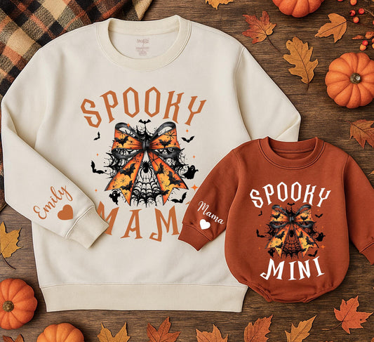 Spooky Mama and Mini Halloween Sweatshirts: Bat Bow Family Matching Sweaters, Cute Fall Outfit, Personalized Name Sleeve, Festive Spooky Season Gift Idea (139)