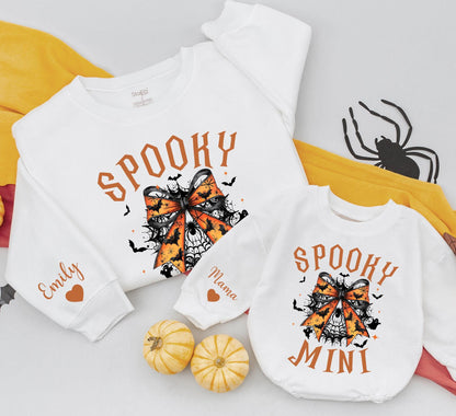 Spooky Mama and Mini Halloween Sweatshirts: Bat Bow Family Matching Sweaters, Cute Fall Outfit, Personalized Name Sleeve, Festive Spooky Season Gift Idea (139)