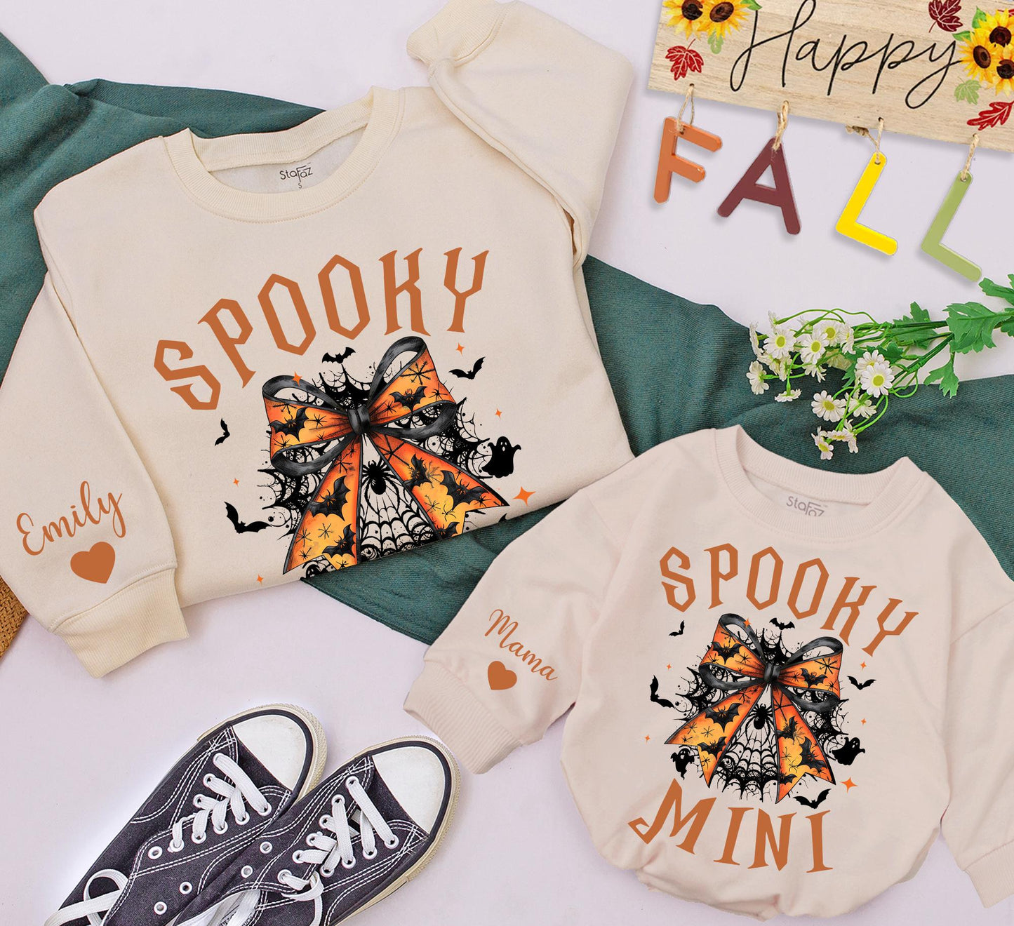 Spooky Mama and Mini Halloween Sweatshirts: Bat Bow Family Matching Sweaters, Cute Fall Outfit, Personalized Name Sleeve, Festive Spooky Season Gift Idea (139)