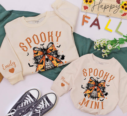 Spooky Mama and Mini Halloween Sweatshirts: Bat Bow Family Matching Sweaters, Cute Fall Outfit, Personalized Name Sleeve, Festive Spooky Season Gift Idea (139)
