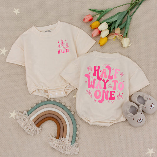 Custom Name Half Birthday Romper for Baby Girl Pink Bow Soft Cotton 6 Month Outfit Adorable Personalized Gift
