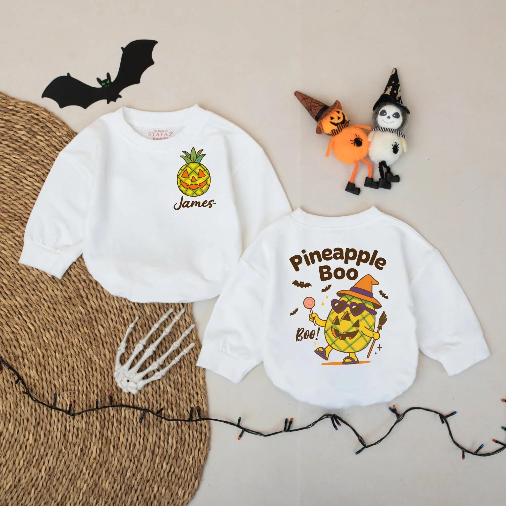 Custom Name Pineapple Boo Baby Romper Tropical Halloween Spooky Infant Outfit Cheerful Jack-o-Lantern Witch Bat Design Soft