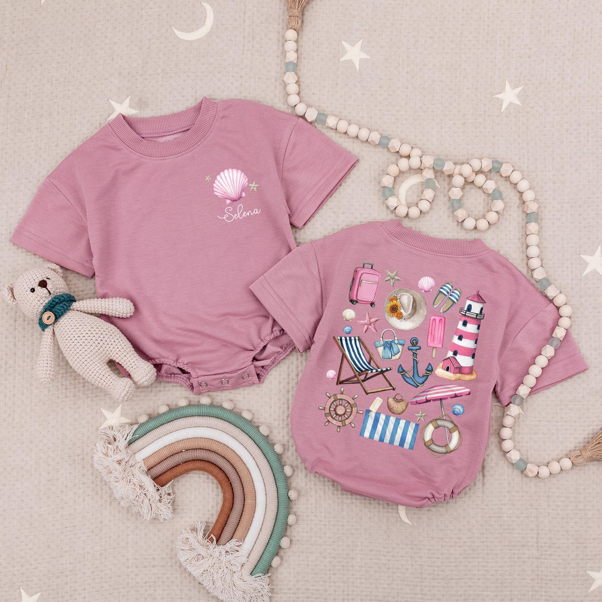 Custom Name Summer Vibes Baby Romper with Seashell Bow Cute Beach Outfit Personalized Summer Bodysuit Baby Gifts