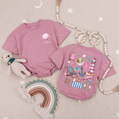 Custom Name Summer Vibes Baby Romper with Seashell Bow Cute Beach Outfit Personalized Summer Bodysuit Baby Gifts