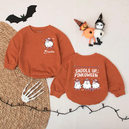 Personalized Baby Girl Pinkoween Romper Western Ghost Cowboy Hat Cute Halloween Outfit Saddle Up Boo Bodysuit with Stars Bats Pumpkin Design