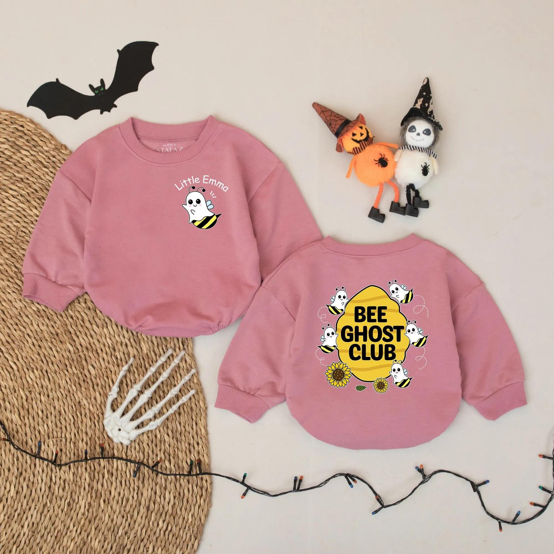 Personalized Little Emma Bee Ghost Romper - Cute Halloween Baby Bodysuit - Spooky Buzz Boo Outfit - Yellow & Black Cartoon Ghost Bee Clothes 138 chr