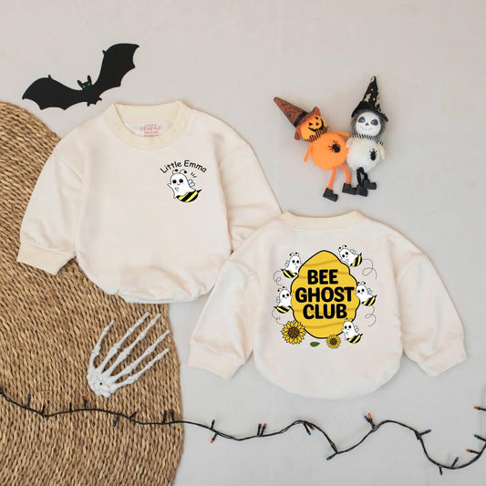 Personalized Little Emma Bee Ghost Romper - Cute Halloween Baby Bodysuit - Spooky Buzz Boo Outfit - Yellow & Black Cartoon Ghost Bee Clothes 138 chr