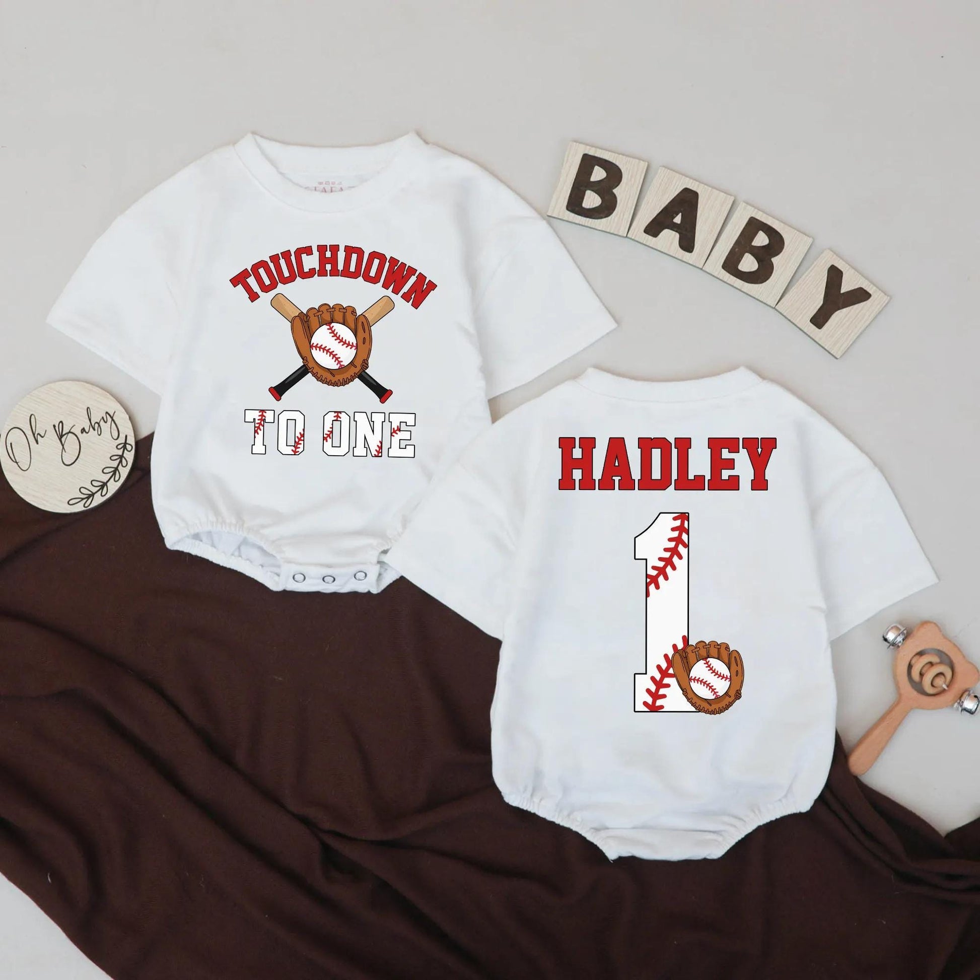 Personalized First Birthday Baseball Football Baby Boy Sports Romper Outfit with Custom Name Touchdown to One Design Baby Shower Gift