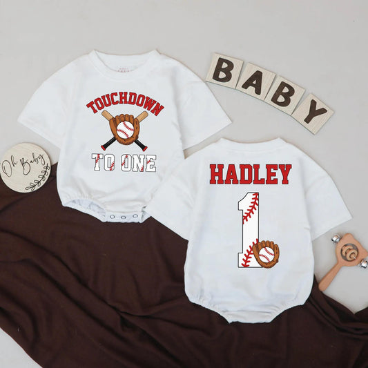 Personalized First Birthday Baseball Football Baby Boy Sports Romper Outfit with Custom Name Touchdown to One Design Baby Shower Gift