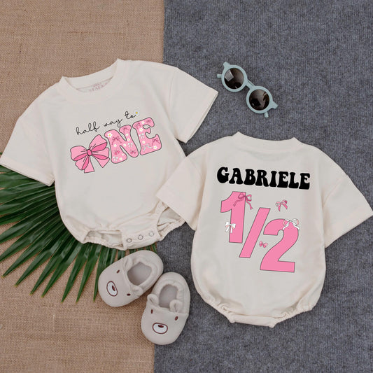 Personalized Half Way To One Pink Bow Romper 6 Months Birthday Outfit Girl Bodysuit Milestone Gift