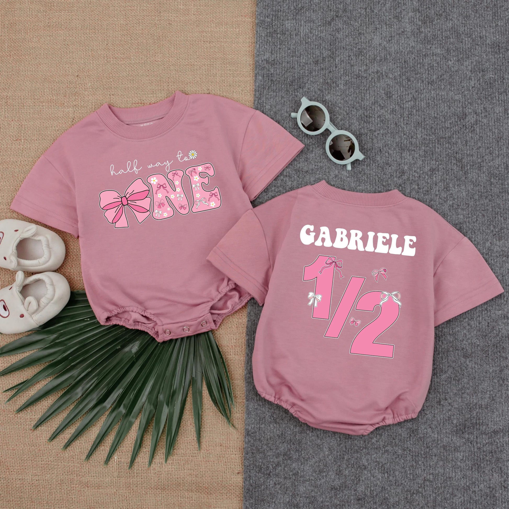 Personalized Half Way To One Pink Bow Romper 6 Months Birthday Outfit Girl Bodysuit Milestone Gift
