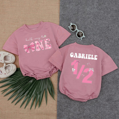 Personalized Half Way To One Pink Bow Romper 6 Months Birthday Outfit Girl Bodysuit Milestone Gift
