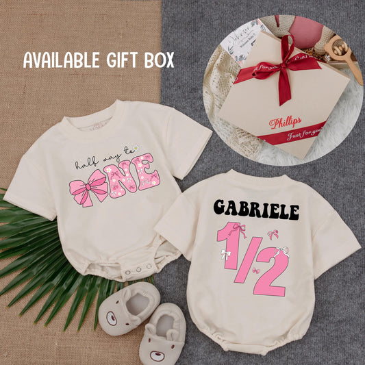 Personalized Half Way To One Pink Bow Romper 6 Months Birthday Outfit Girl Bodysuit Milestone Gift