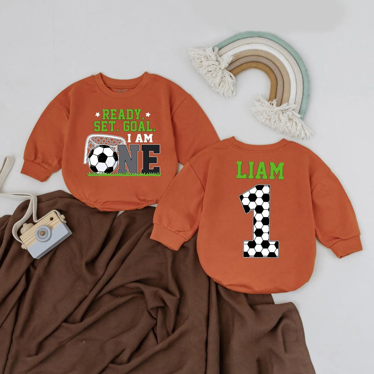 Personalized Baby Boy Soccer First Birthday Romper "Ready Set Goal I Am One" Design with Name, Soft Cotton Jersey Bodysuit Gift