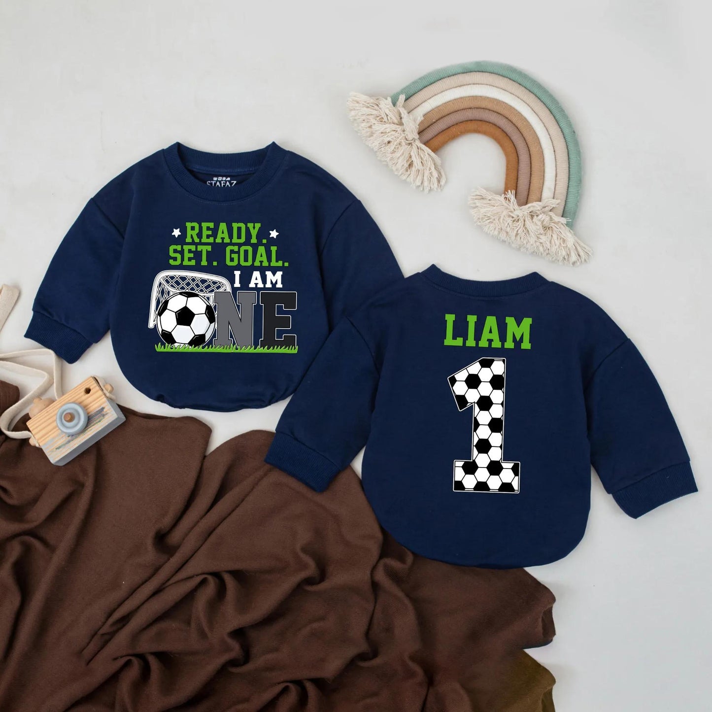 Personalized Baby Boy Soccer First Birthday Romper "Ready Set Goal I Am One" Design with Name, Soft Cotton Jersey Bodysuit Gift