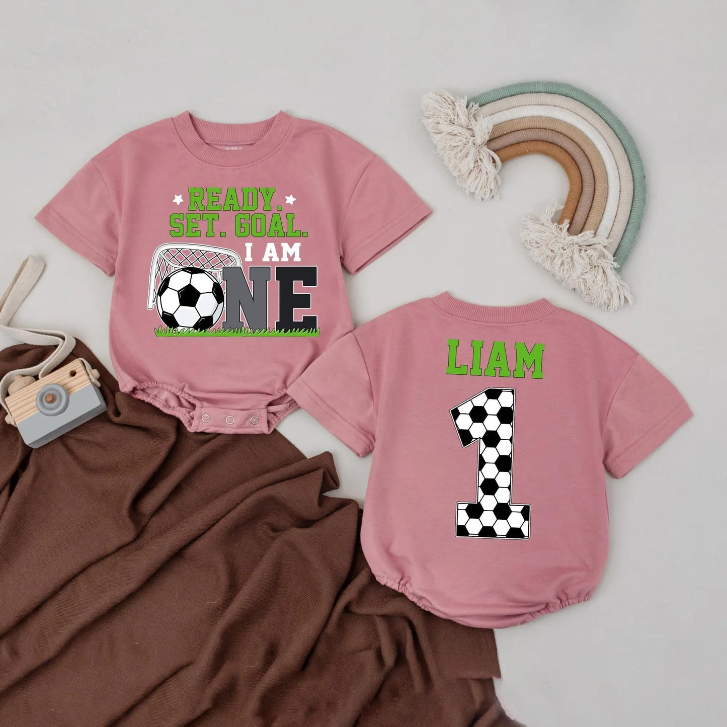 Personalized Baby Boy Soccer First Birthday Romper "Ready Set Goal I Am One" Design with Name, Soft Cotton Jersey Bodysuit Gift