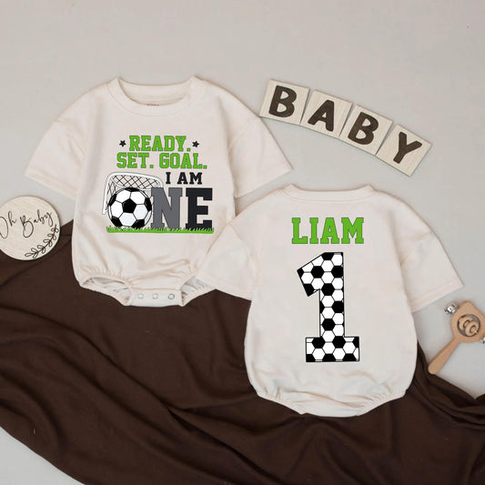 Personalized Baby Boy Soccer First Birthday Romper "Ready Set Goal I Am One" Design with Name, Soft Cotton Jersey Bodysuit Gift