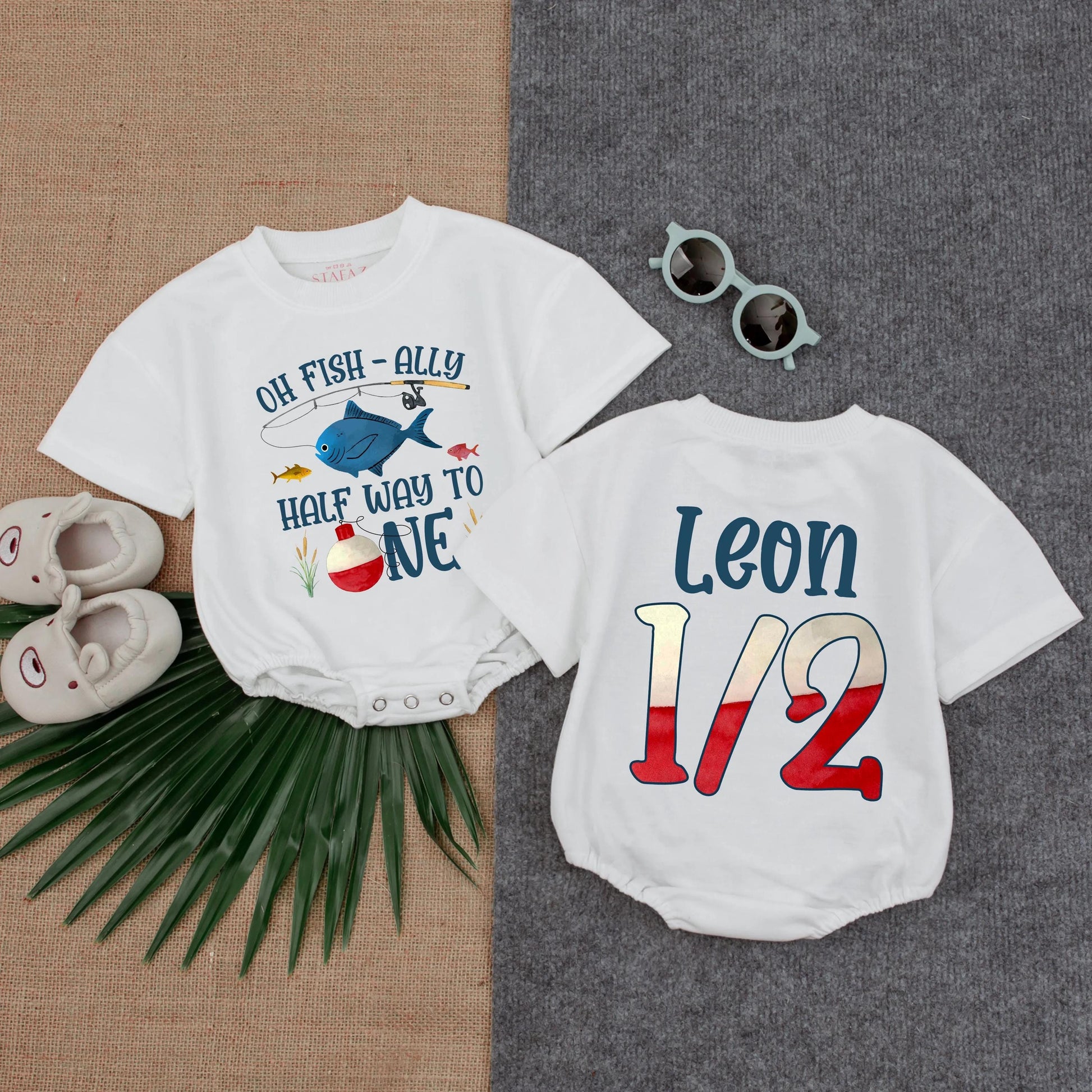 Personalized Oh Fish-ally Half Birthday Romper for Baby Boy 6 Month Fishing Outfit with Custom Name Infant Gift