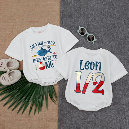 Personalized Oh Fish-ally Half Birthday Romper for Baby Boy 6 Month Fishing Outfit with Custom Name Infant Gift