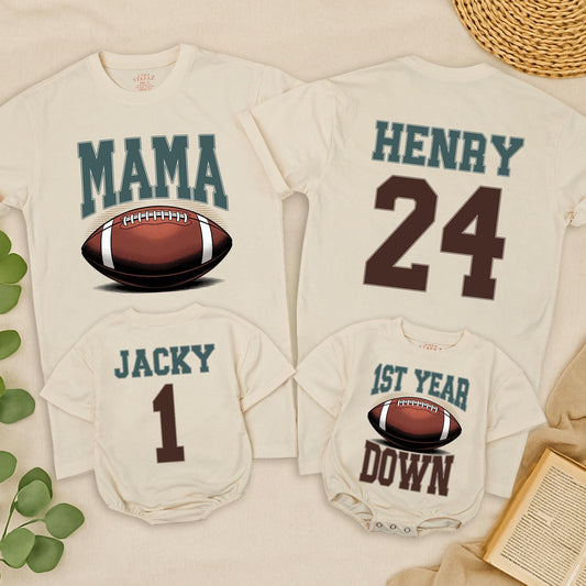 Football 1st Birthday Outfit Touchdown One Matching Family Tees Teal Brown Football Design 1st Birthday