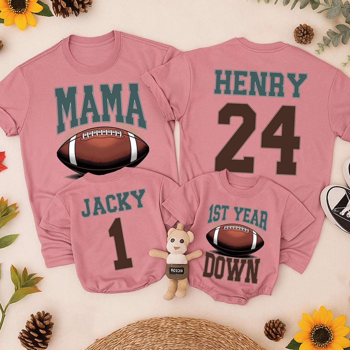 Football 1st Birthday Outfit Touchdown One Matching Family Tees Teal Brown Football Design 1st Birthday