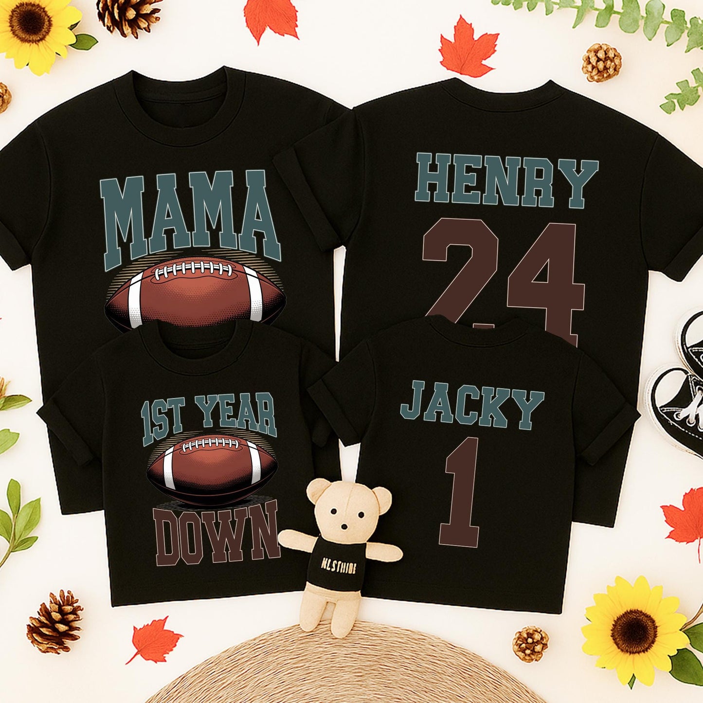 Football 1st Birthday Outfit Touchdown One Matching Family Tees Teal Brown Football Design 1st Birthday
