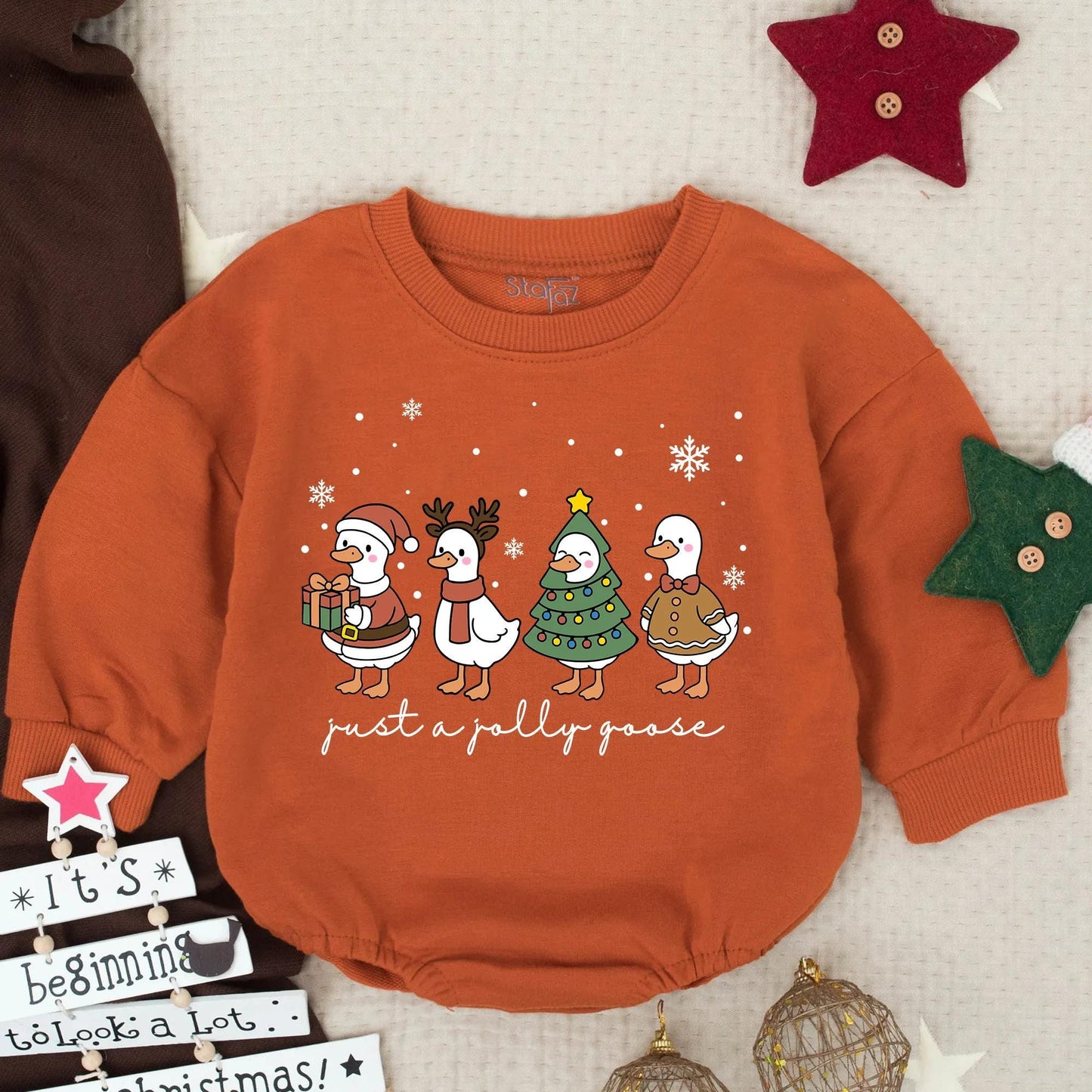 Just a Jolly Goose First Christmas Baby Romper Cute Cartoon Holiday Outfit Infant Xmas Clothes Baby Girl Boy Gift