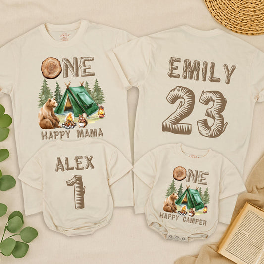 Personalized ONE Happy Camper First Birthday Family Camping T-Shirts rustic earthy tones bear squirrel pine tree design for boy mama dada