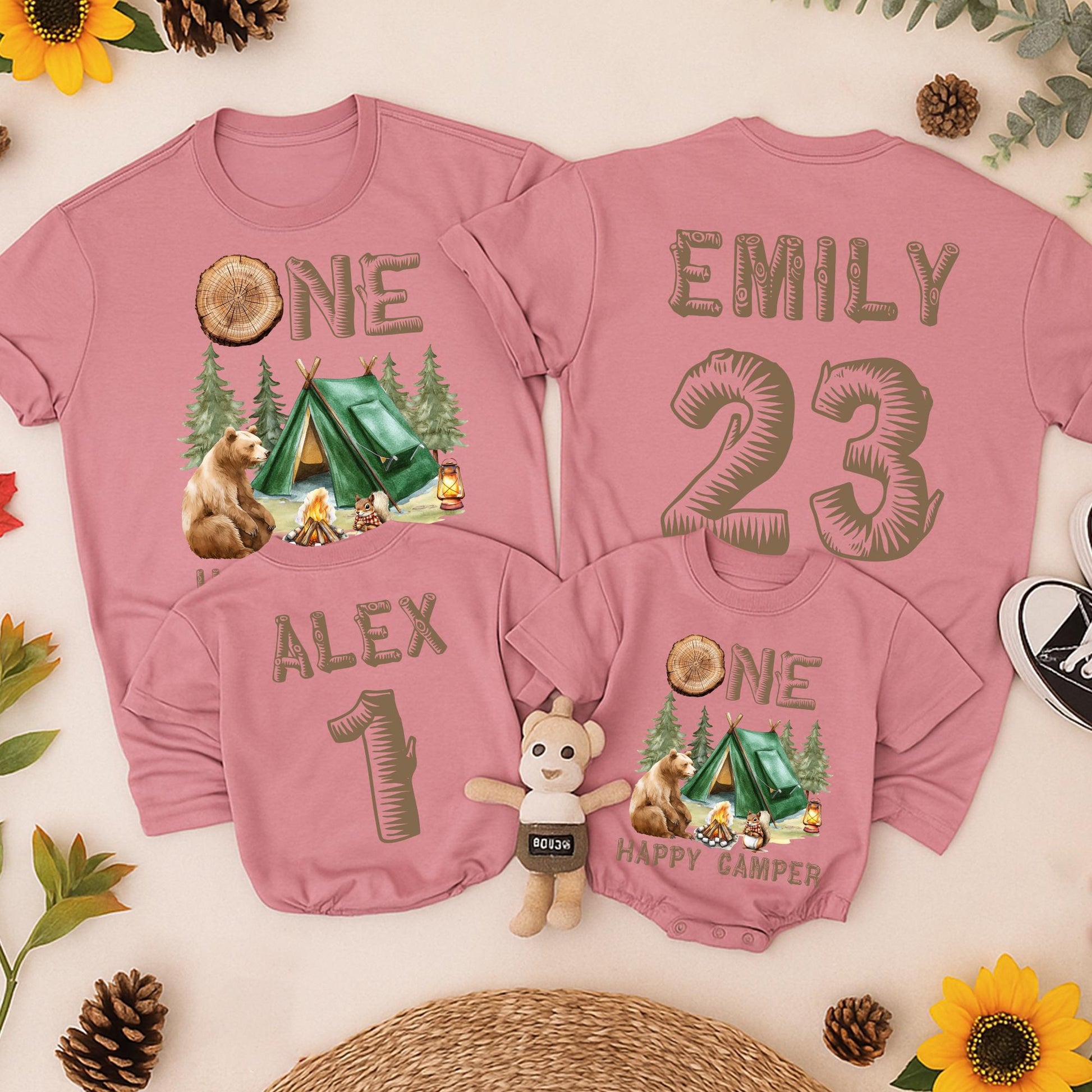 Personalized ONE Happy Camper First Birthday Family Camping T-Shirts rustic earthy tones bear squirrel pine tree design for boy mama dada