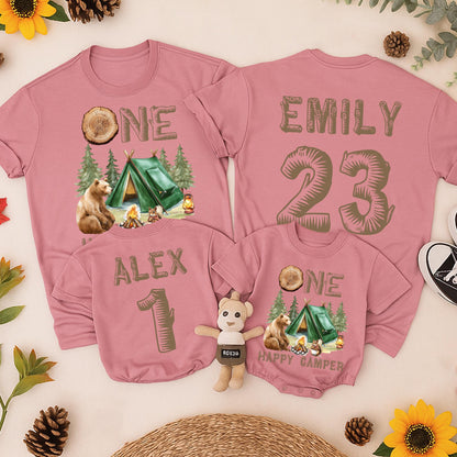 Personalized ONE Happy Camper First Birthday Family Camping T-Shirts rustic earthy tones bear squirrel pine tree design for boy mama dada